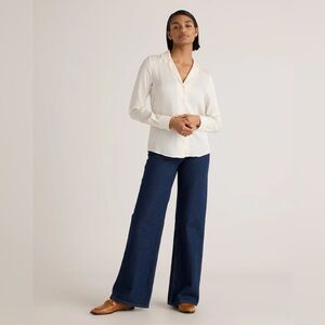 Quince Washable Stretch Silk Notch Collar Blouse Ivory Cream White